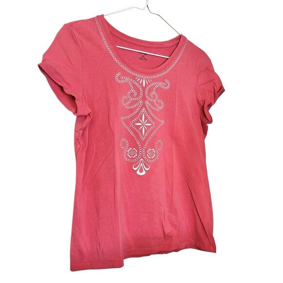 Style & Co. Embroidered Short Sleeve Cotton Blend T-shirt Salmon Petite Small - Picture 2 of 4
